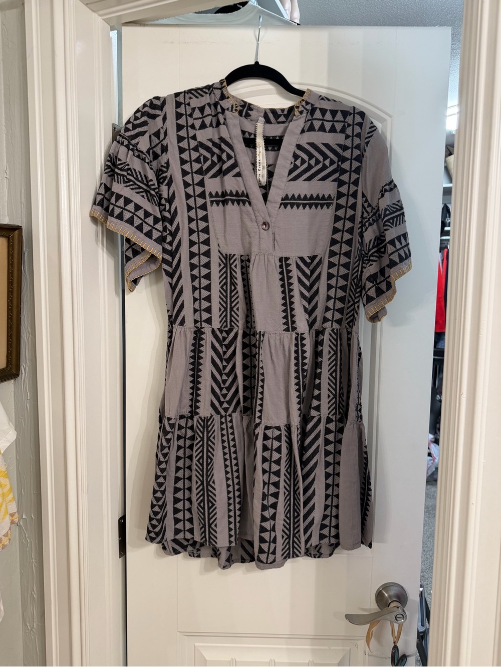 Uncle Frank Gray and Black Geometric Tiered Dress